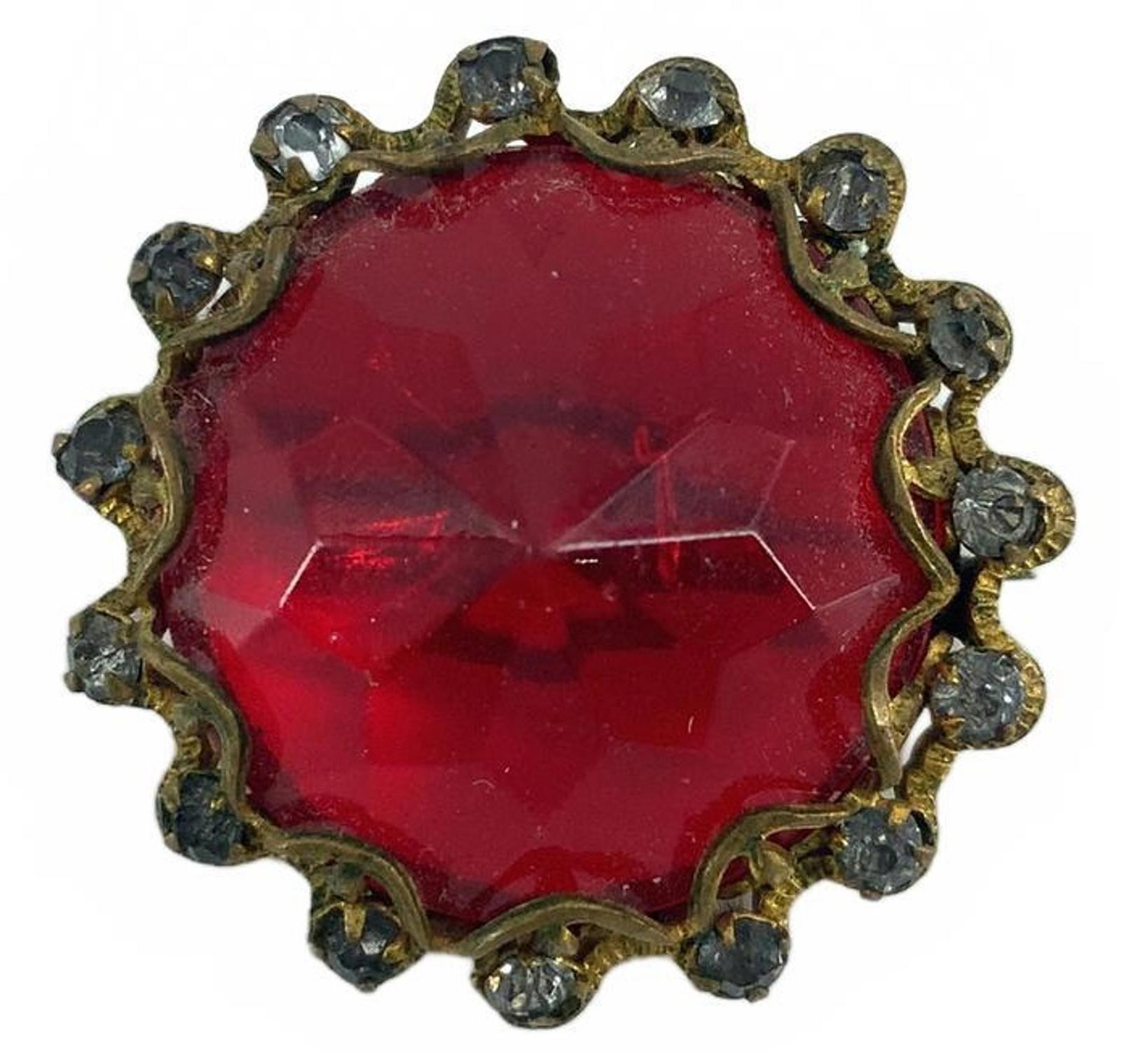 Vintage Red Glass Art Deco Pin Gold Tone Rhinestone Halo Small Round Brooch