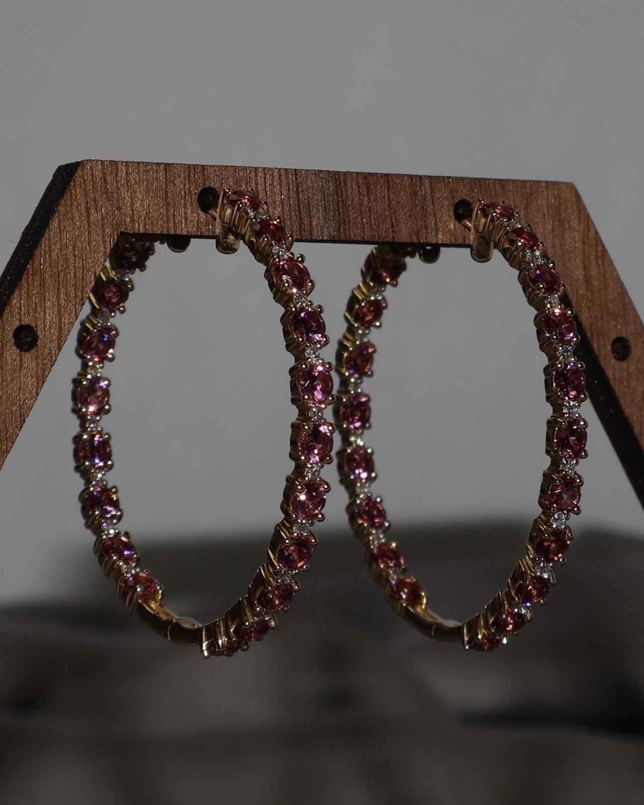 14k Yellow Gold Pink Tourmaline & Diamond Hoop Earrings 10.72G / 1.5in