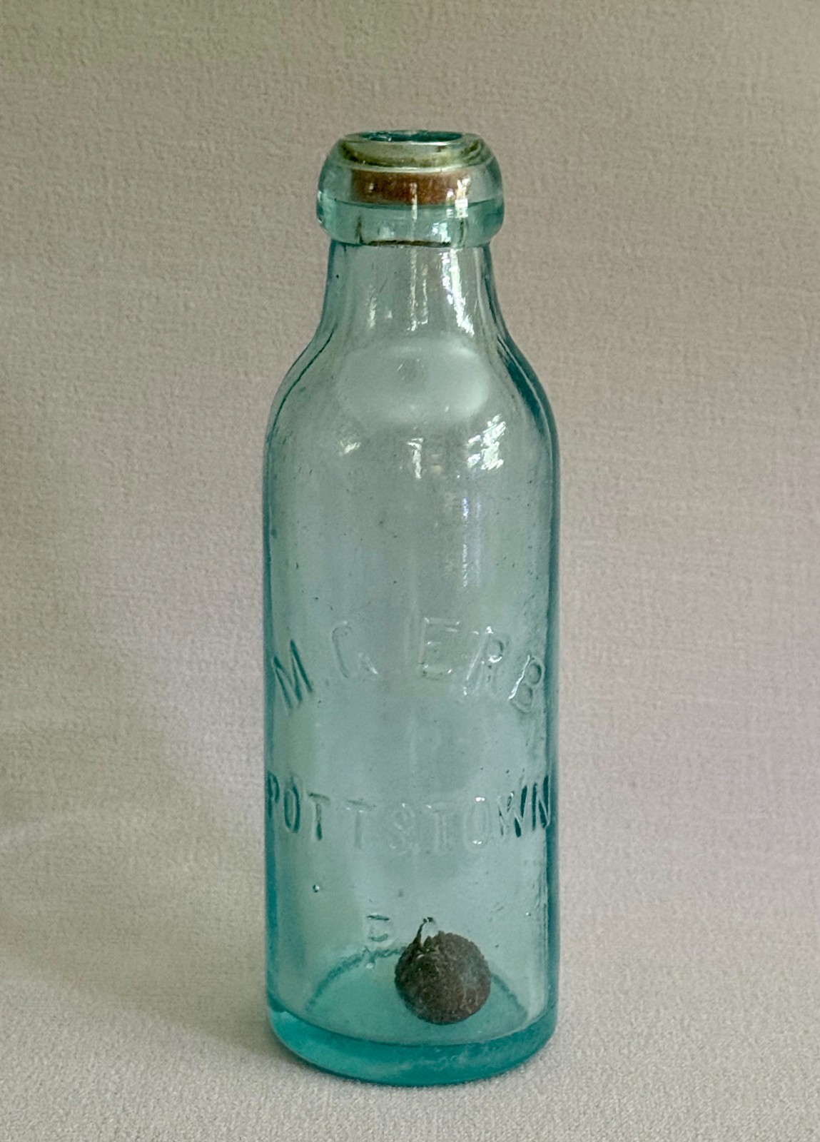 Rare Aqua Glass Soda Bottle - M. G. ERB - With Blob Top & Carbonation Marble