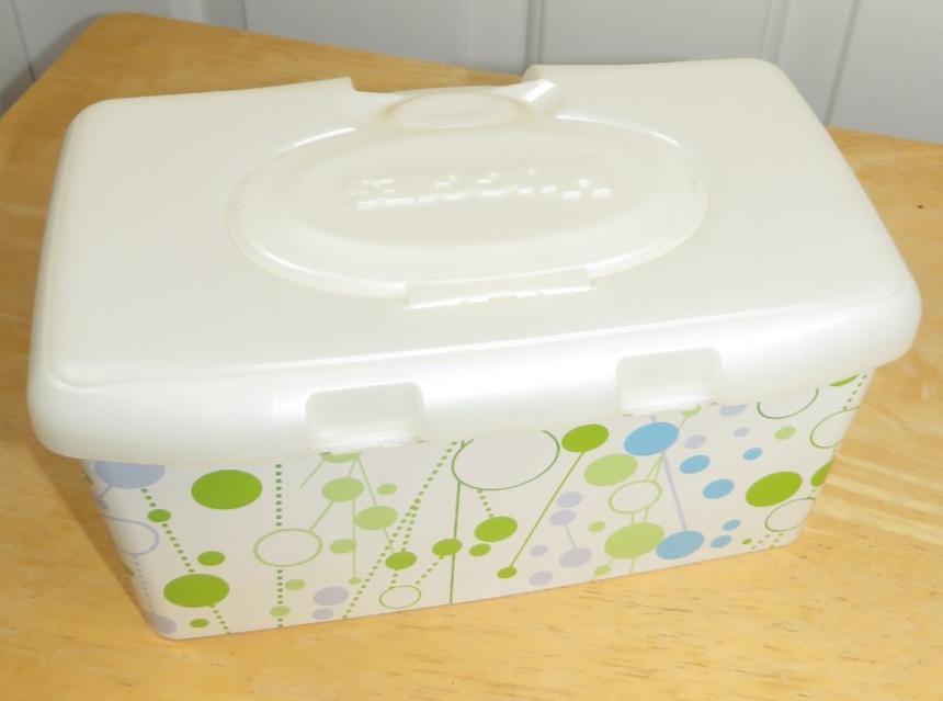 Huggies Baby Wipes Refillable Container 2012 Green/White/Blue Polka Dots (Empty)