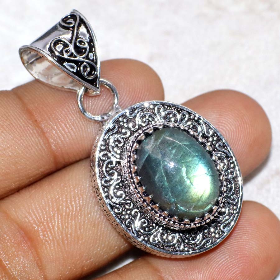 925 Silver Plated Vintage Fiery Labradorite Pendant 1.6" Superb Gift Trendy JW