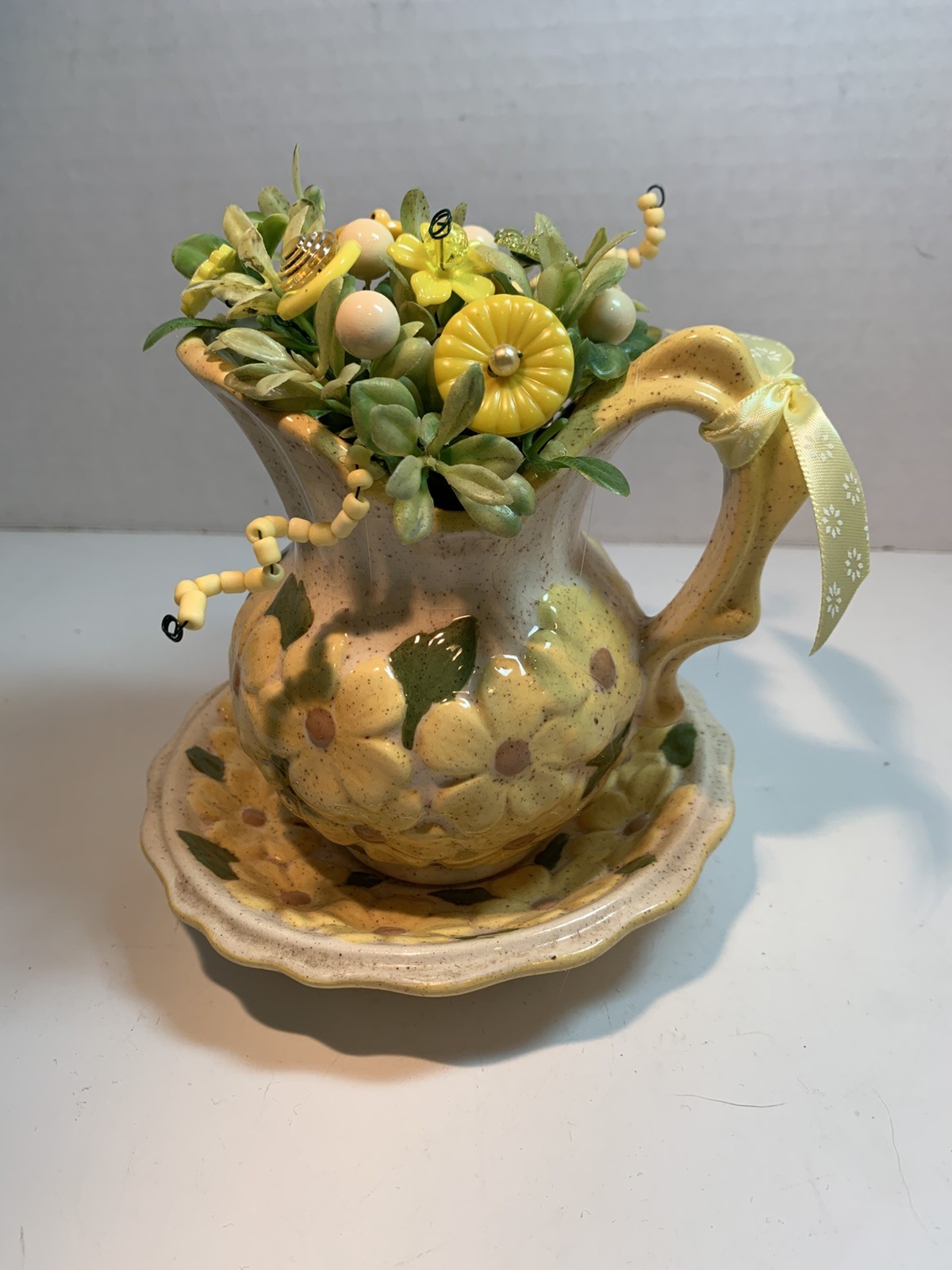 Vintage Button Bouquet/ China Creamer on plate Country-Farmhouse-Prim-Decor