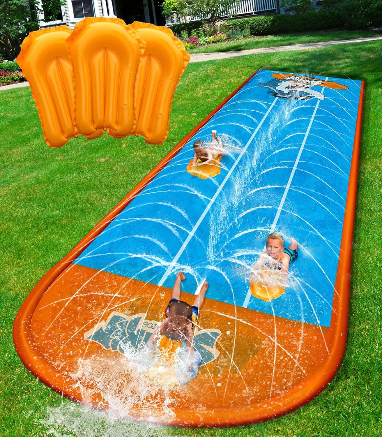Spring Water Slip and Water Slide for Kids Backyard, 17ft*3 Racing Lanes Slip Wa