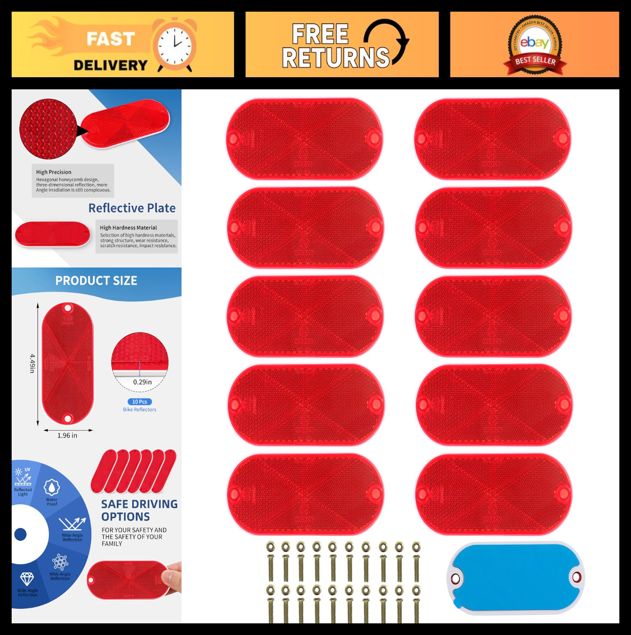 10 Pack Red Oval Reflectors - Self-Adhesive or Drill Mount for Driveway, Gates,