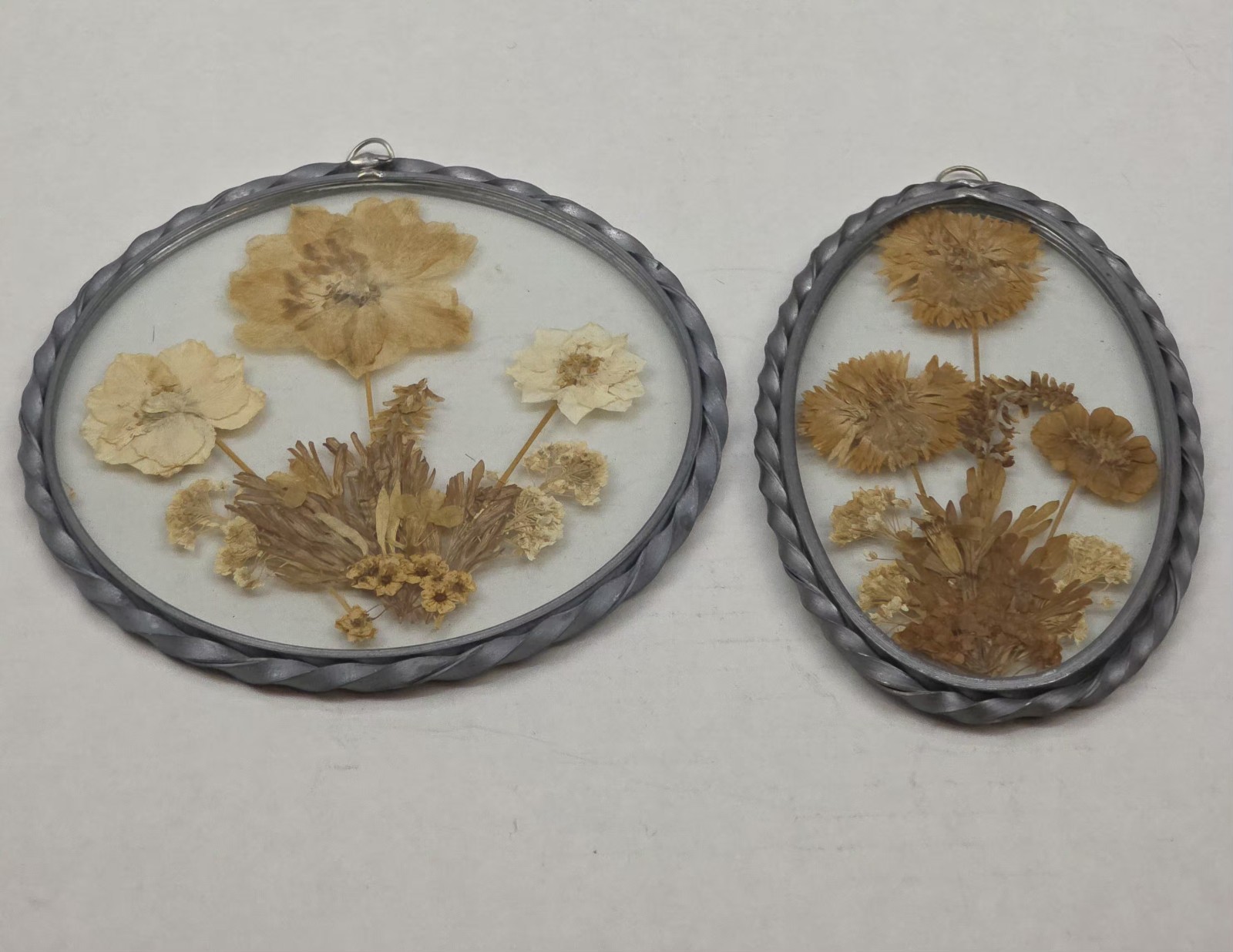 Vintage Pressed Dried Flowers In Glass And Metal Oval Frame Pair Matching