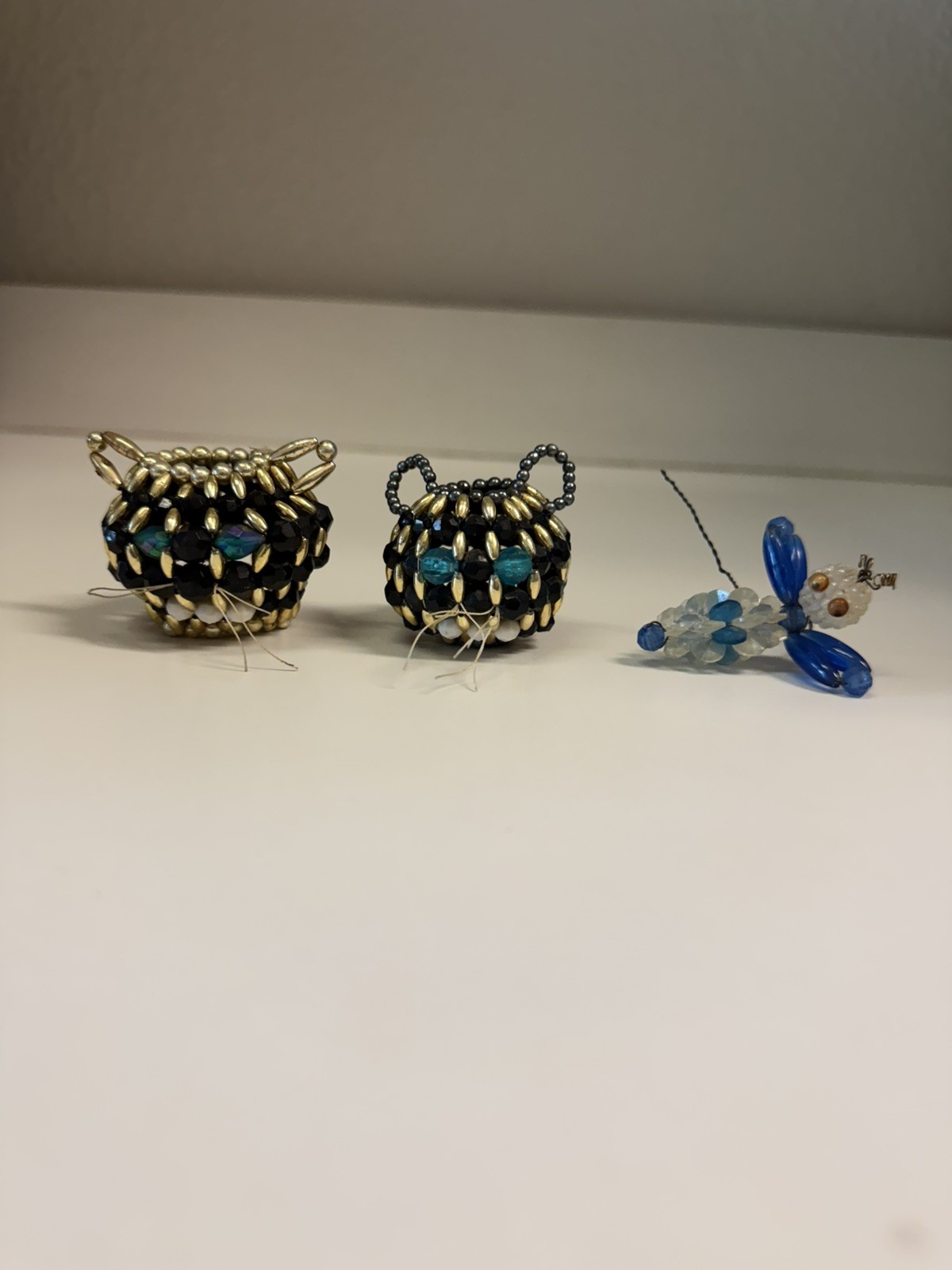 Vintage Handmade Beaded Cat & Mouse Figurines Dragonfly Wire Bead Animals