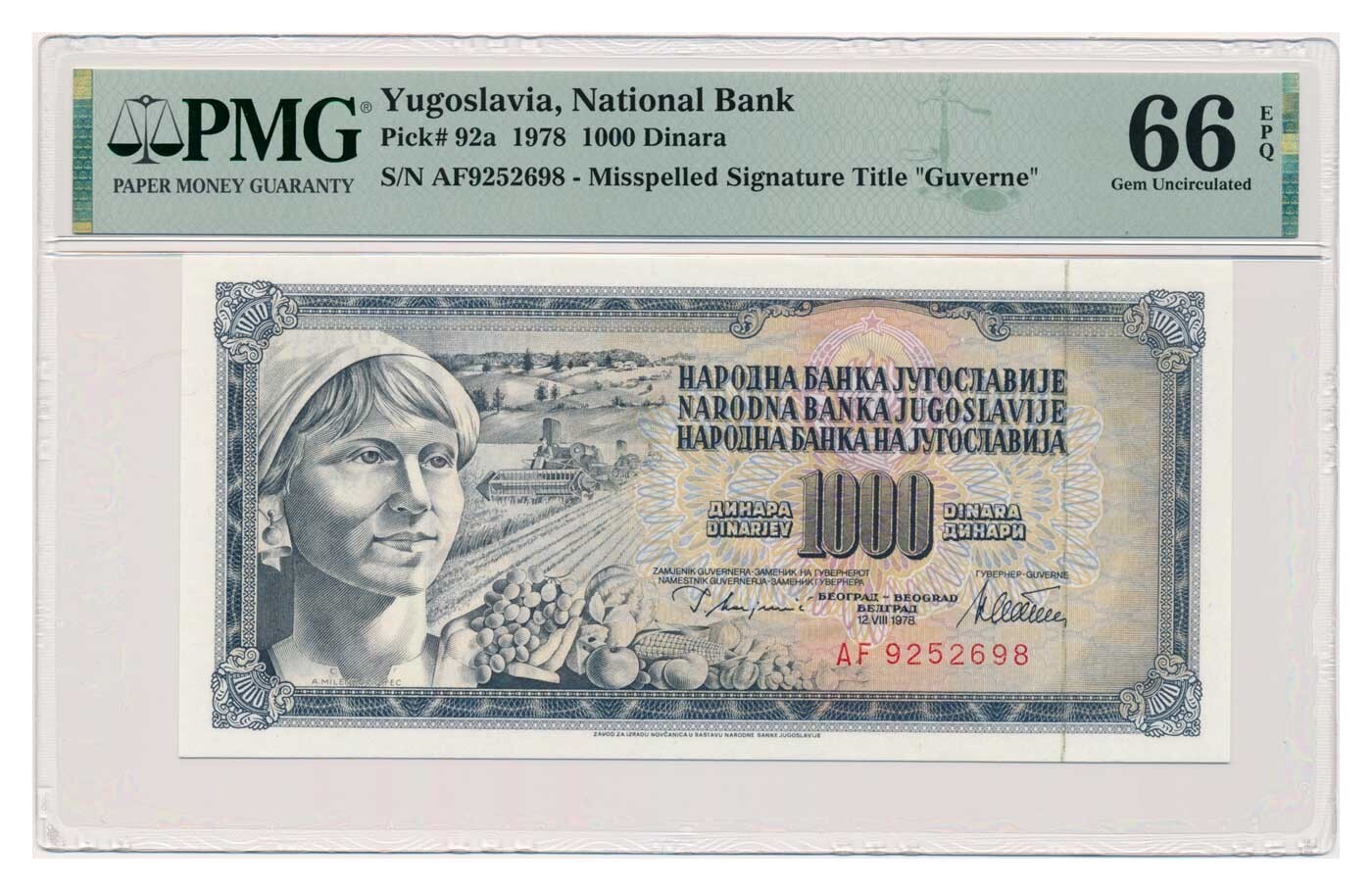 YUGOSLAVIA banknote 1000 Dinara 1978 with Guverne error !!! PMG grade MS 66 EPQ