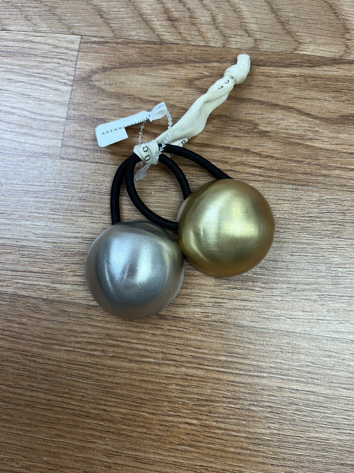 Anthropologie 2 Pack Ponytail Holders Hard Metal Silver Gold Hair Ties NEW