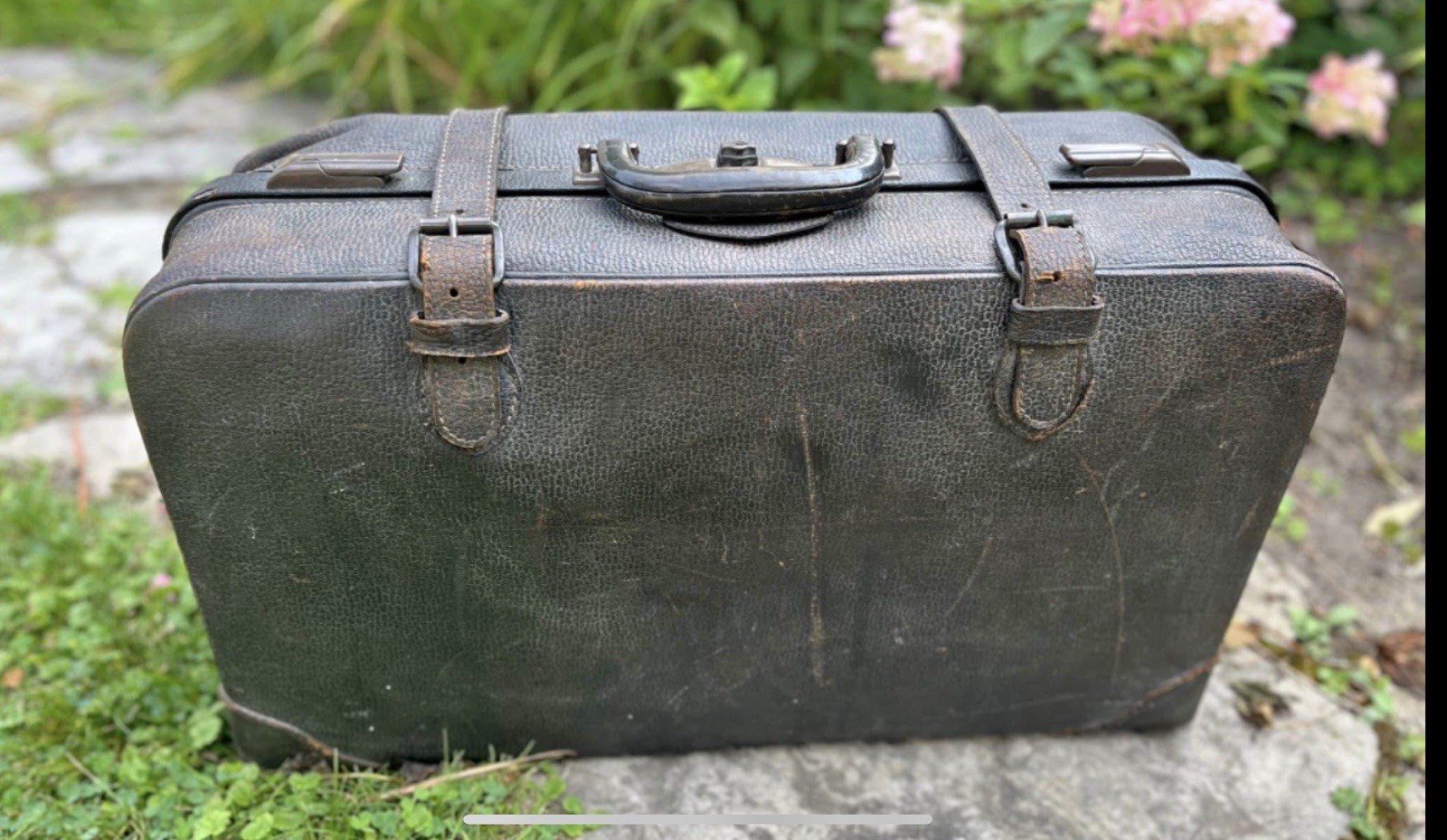 Antique Brown Cowhide Leather Suitcase Luggage Rustic Vintage Worn Decor 50’s
