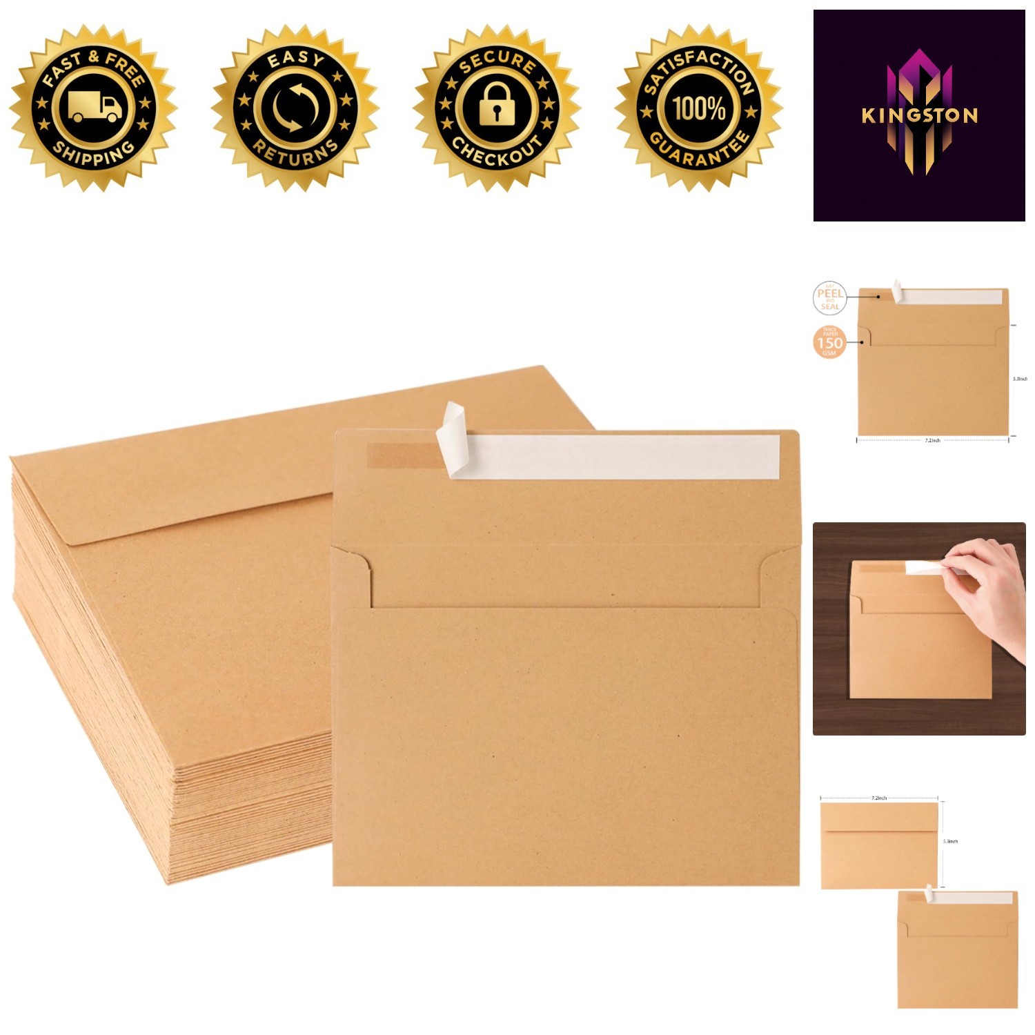 Durable 50 Pack Kraft Envelopes, Perfect 5x7 Size for Invitations & Postcards