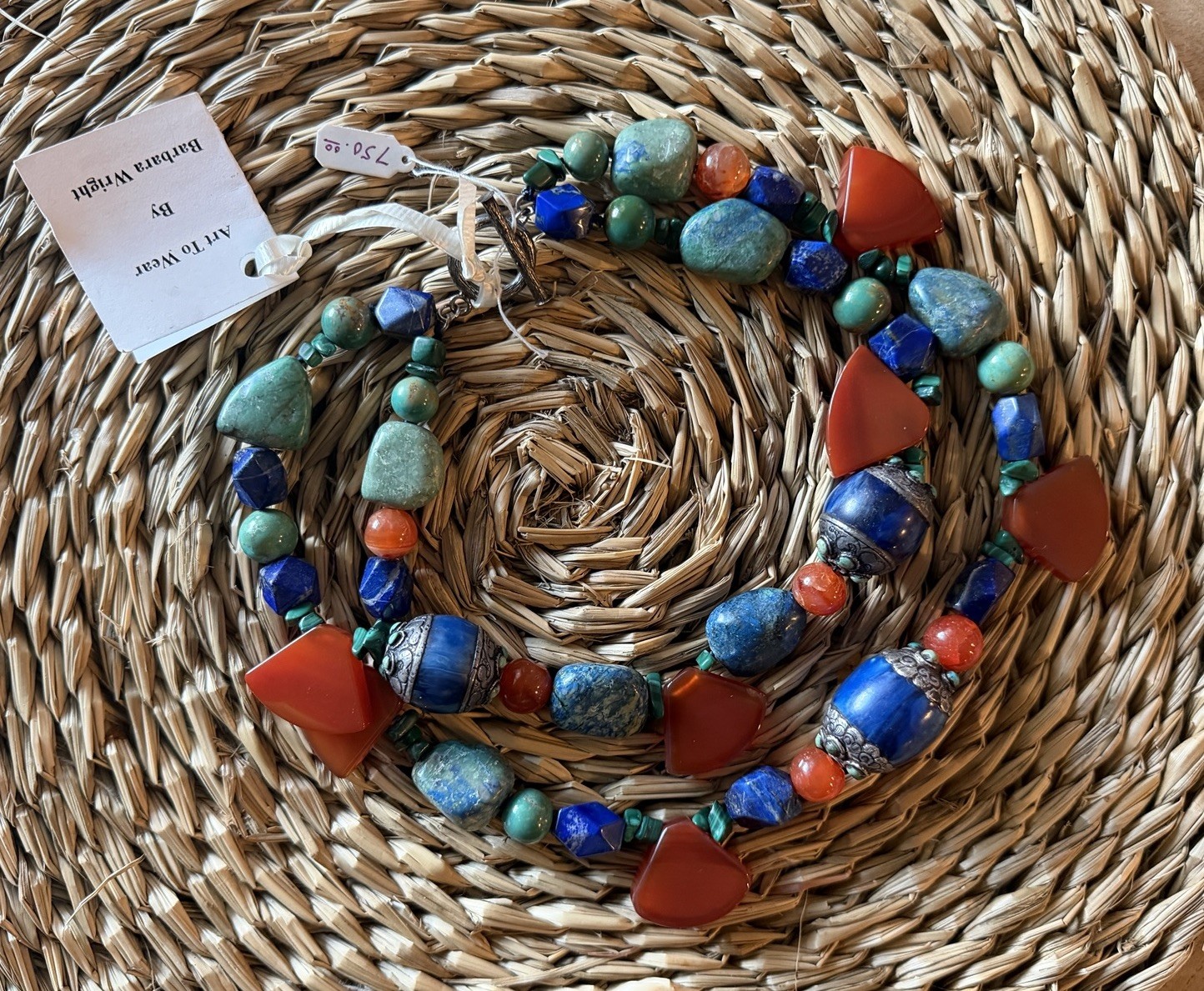 !!Antique Necklace by Barbara Wright, Handcrafted Copal,Silver,Turquoise,Lapis!!