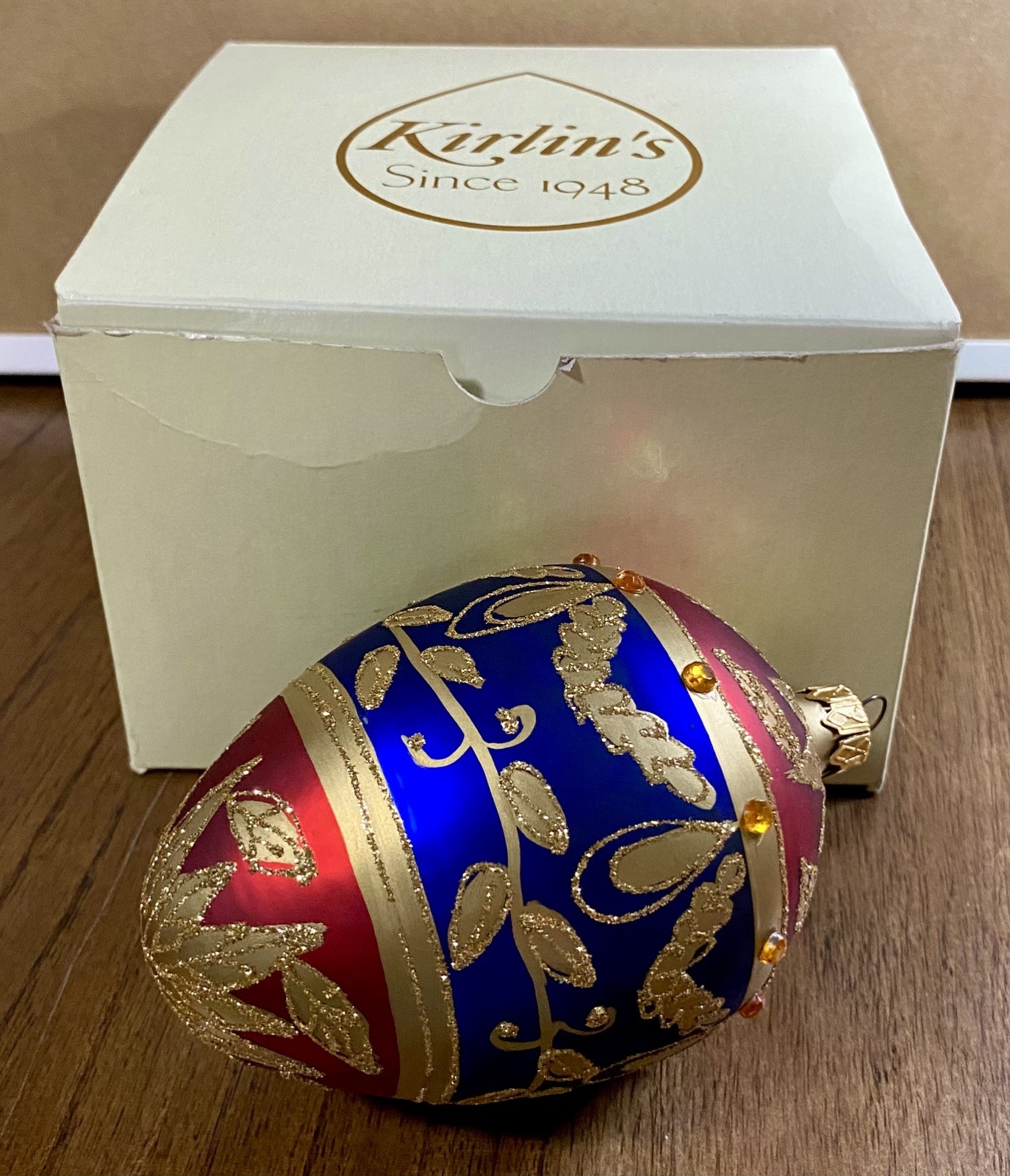 Vintage Faberge Inspired Egg Christmas Ornament; Glitter Gems: Red, Blue & Gold 