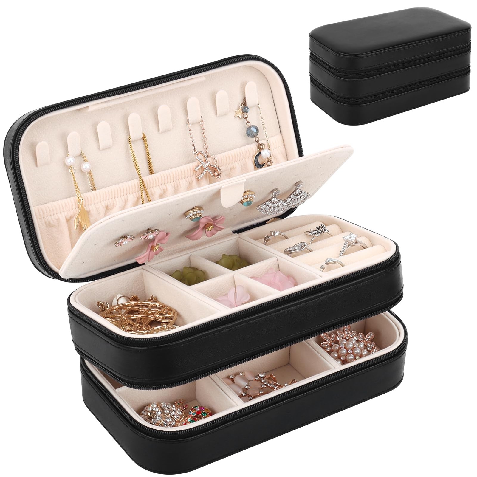 Small Travel Jewelry Box with Double Zipper, 2 Layers PU Portable Jewelry Cas...
