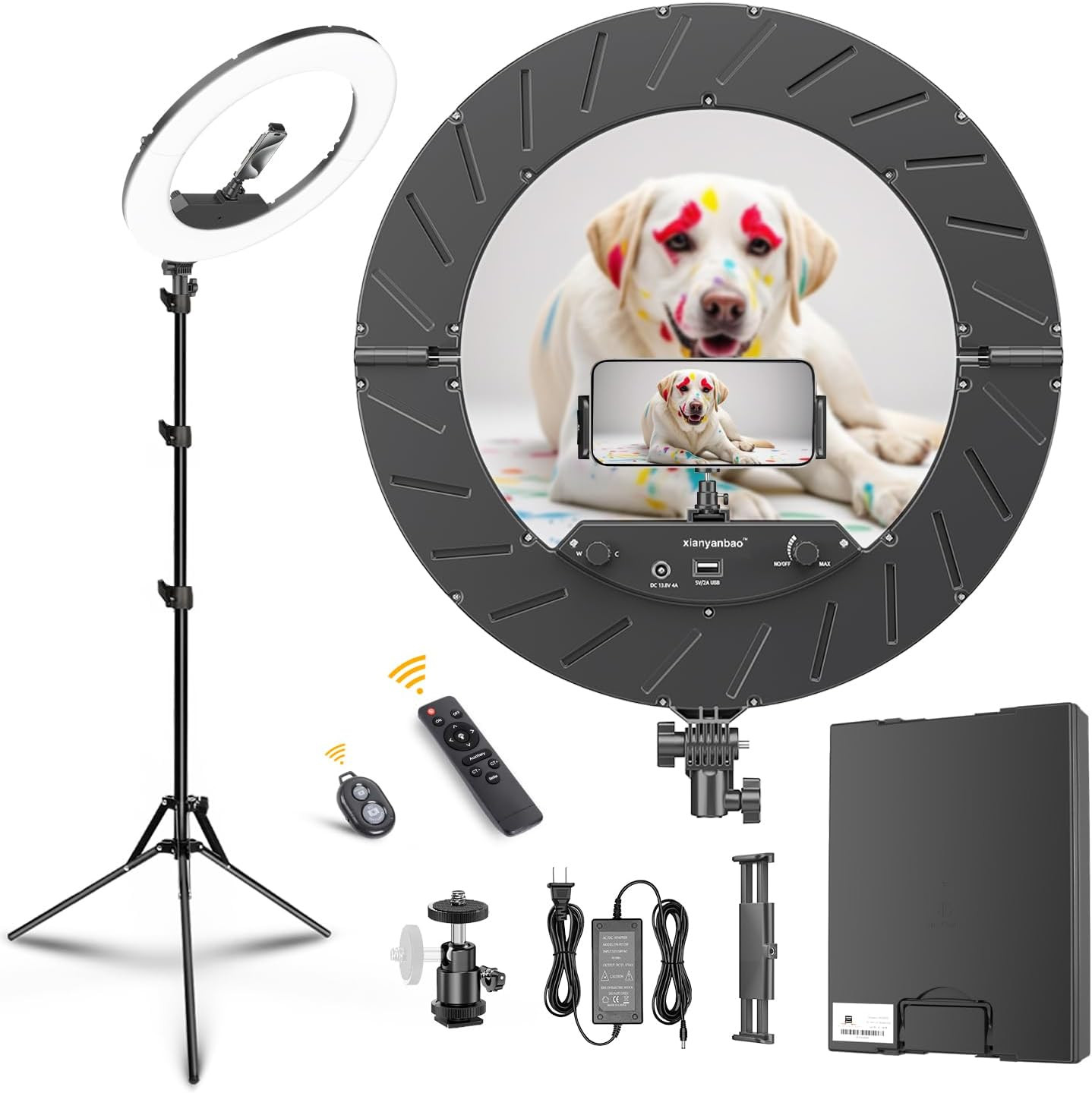 18" Dimmable LED Ring Light Kit with Tripod, Remote, and Accessories, 55W 6700K