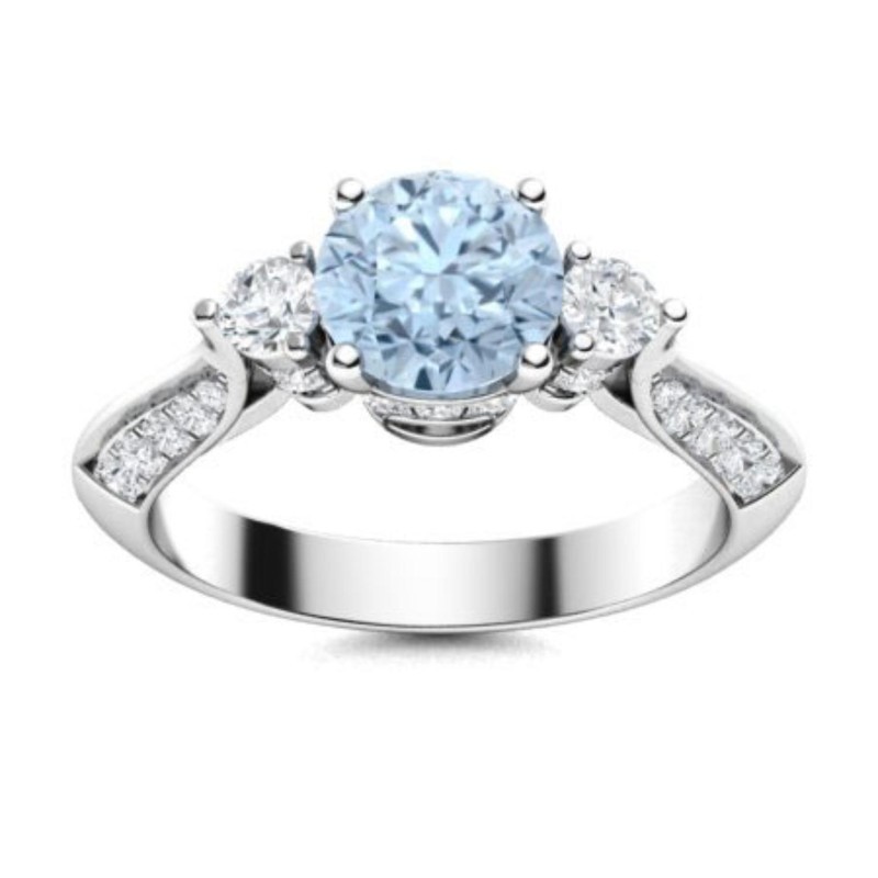 925 Sterling Silver 6MM Round Aquamarine Three Stone Side Accents Women Ring