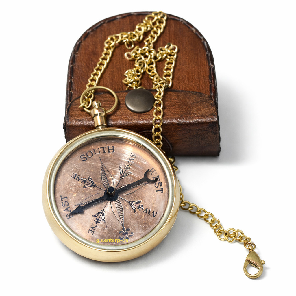 2.5" Brass Compass Navigation Nautical Hiking Antique Vintage with Leather Case