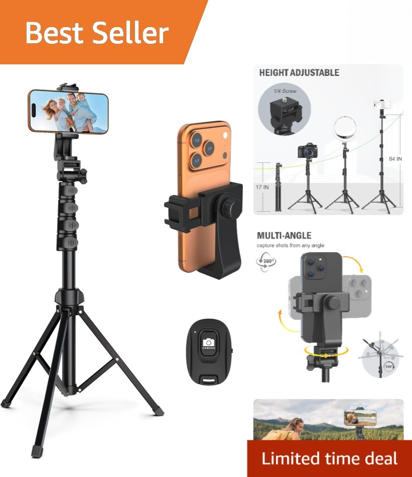 64" Adjustable Tripod for Cell Phones & Cameras - Remote & Multi-Angle Shots