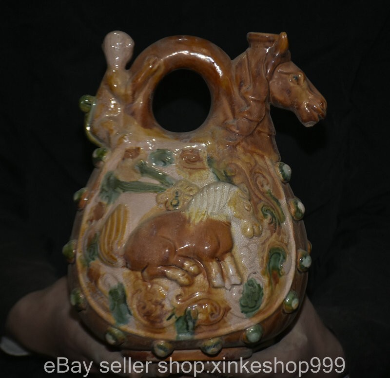 10.4" Chinese Tang Sancai pottery Porcelain Zodiac Year Horse head flag flagon