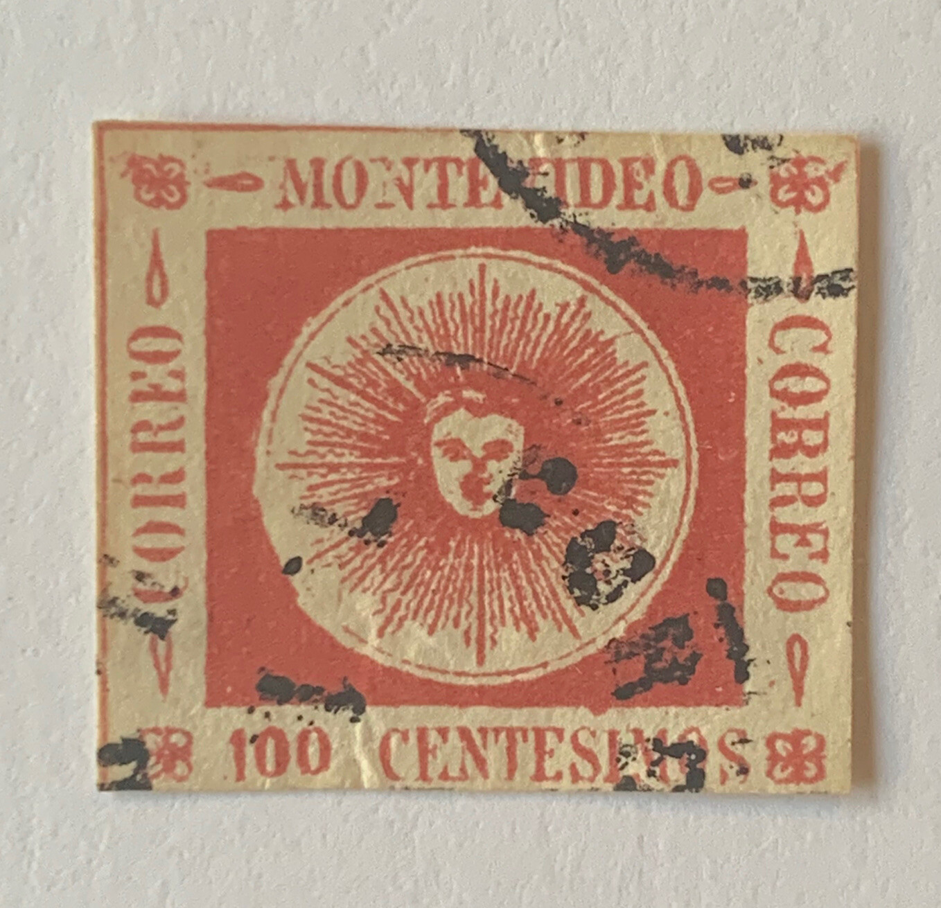 RARE 1861 URUGUAY MONTEVIDEO 100C STAMP #16b ALLEGORY OF THE SUN