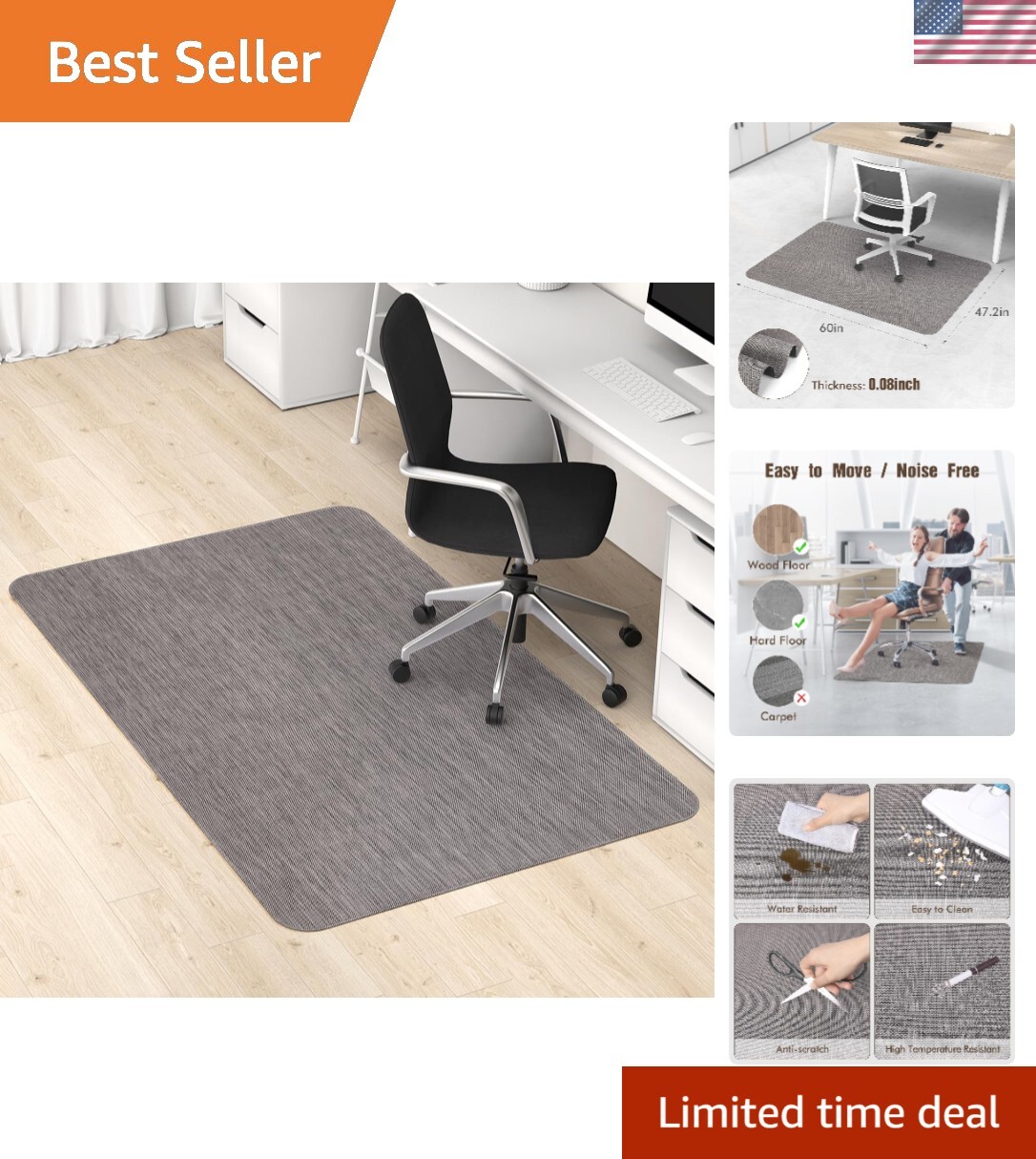 Modern Non-Slip Office Chair Mat for Hardwood Floors - 47.2" x 60" in Dark Grey