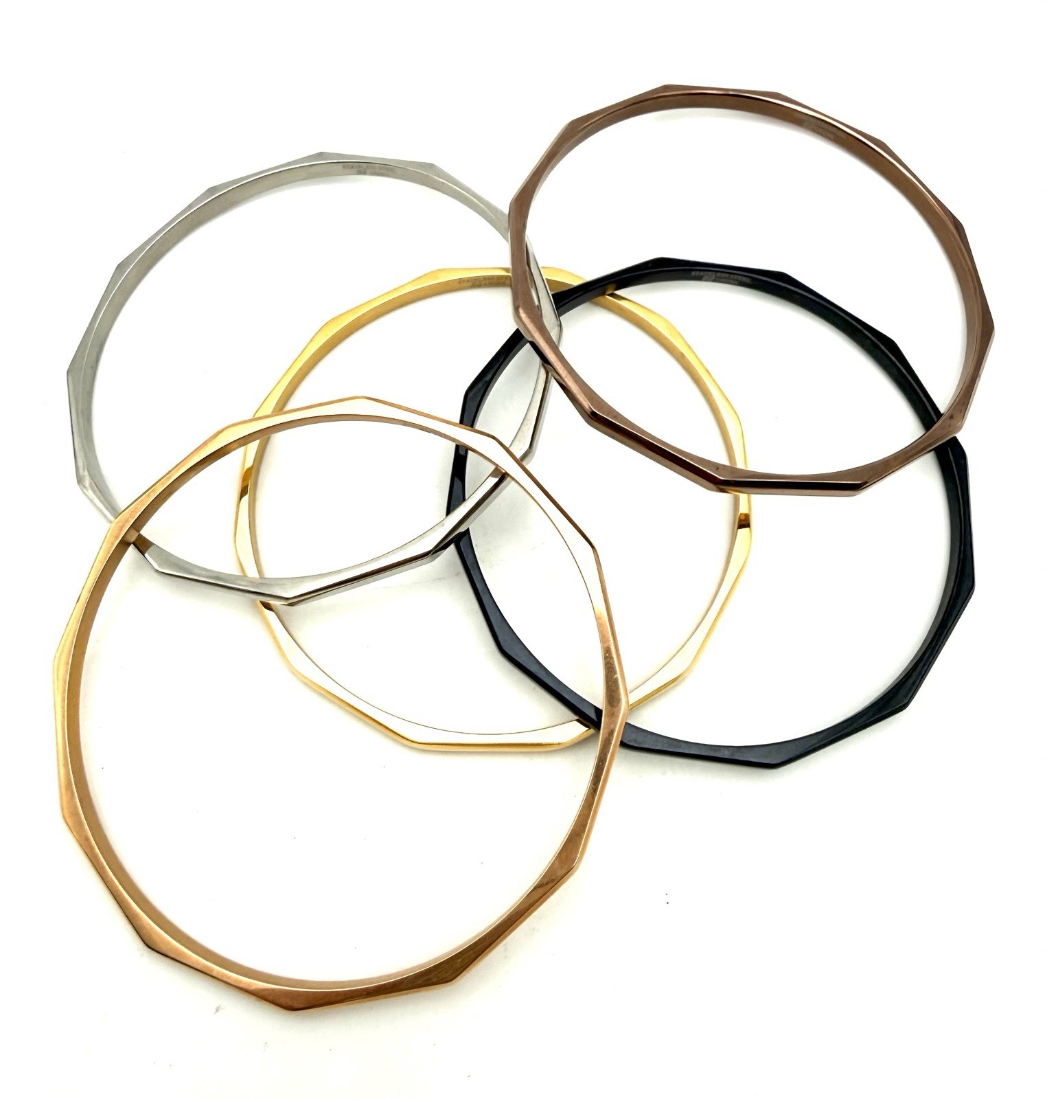 Stainless Steel Bracelet Lot Stackable 12 Sided Gold Silver Black 7” Signed “N”