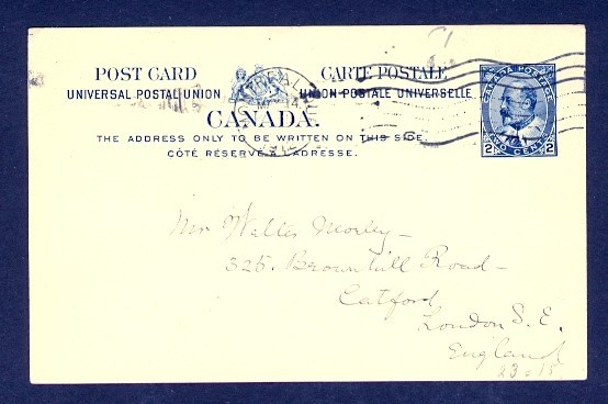 CANADA 2c KEDW BLUE POSTAL CARD 1912 TO ENGLAND