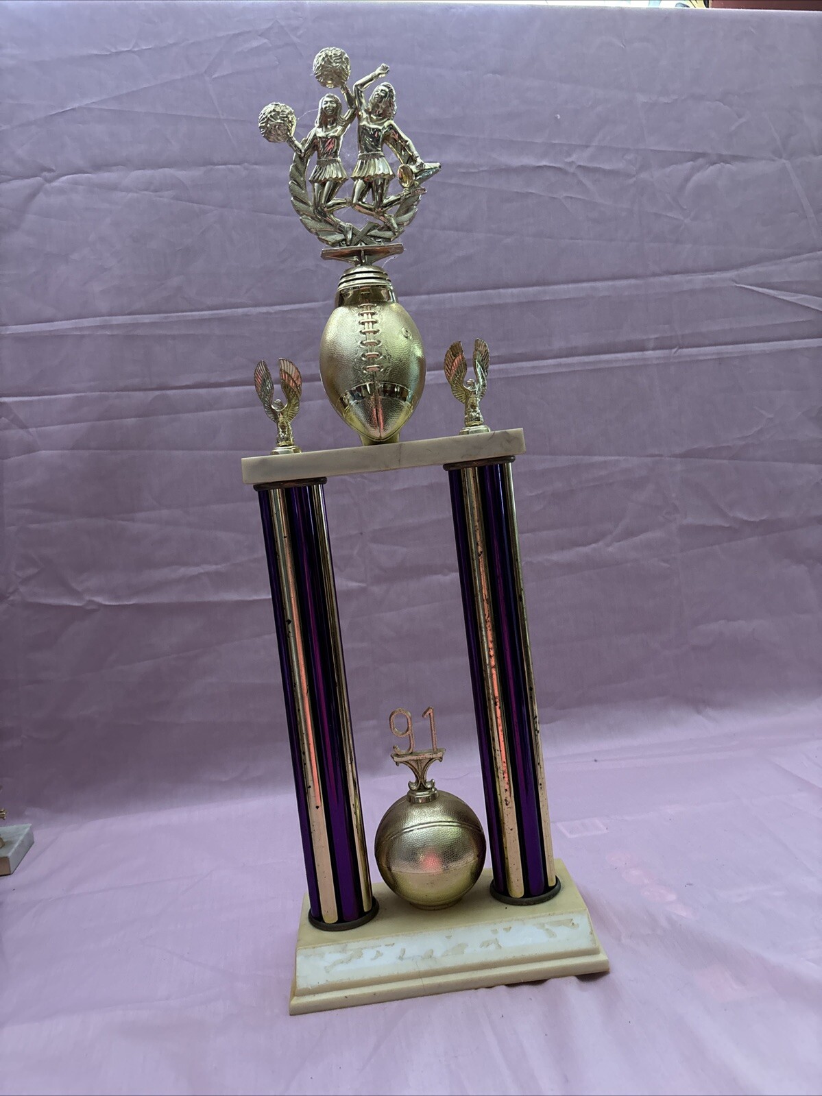 24" CHEERLEADER Football/Basketball Trophy Plastic 1991 Purple Gold Holo