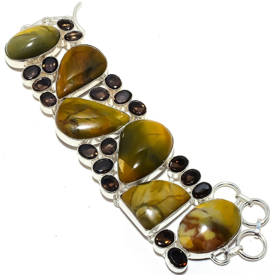 Polychrome Jasper & Smokey Quartz 925  Silver Bracelet D279