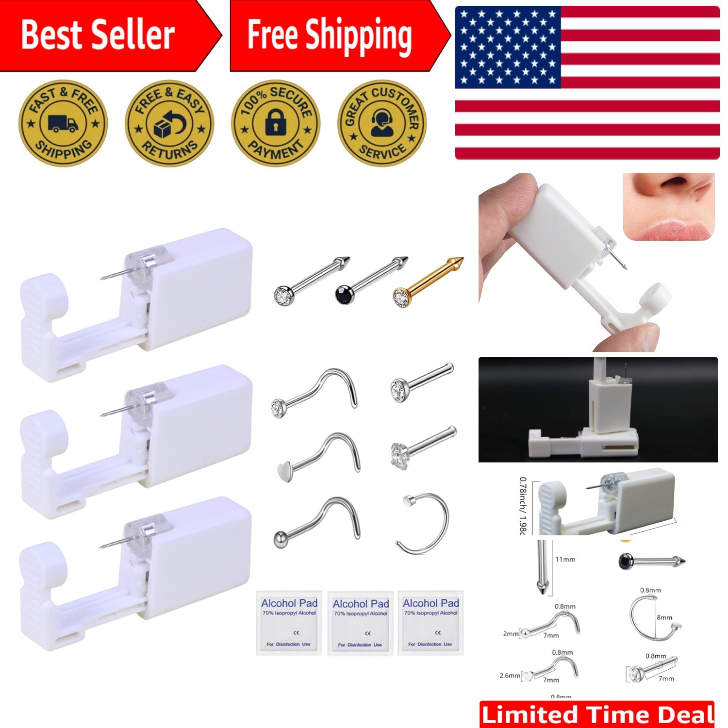 Luxury Nose Piercing Kit - 3 Pack Self-Piercing Gun with Rings & Studs (Gold)