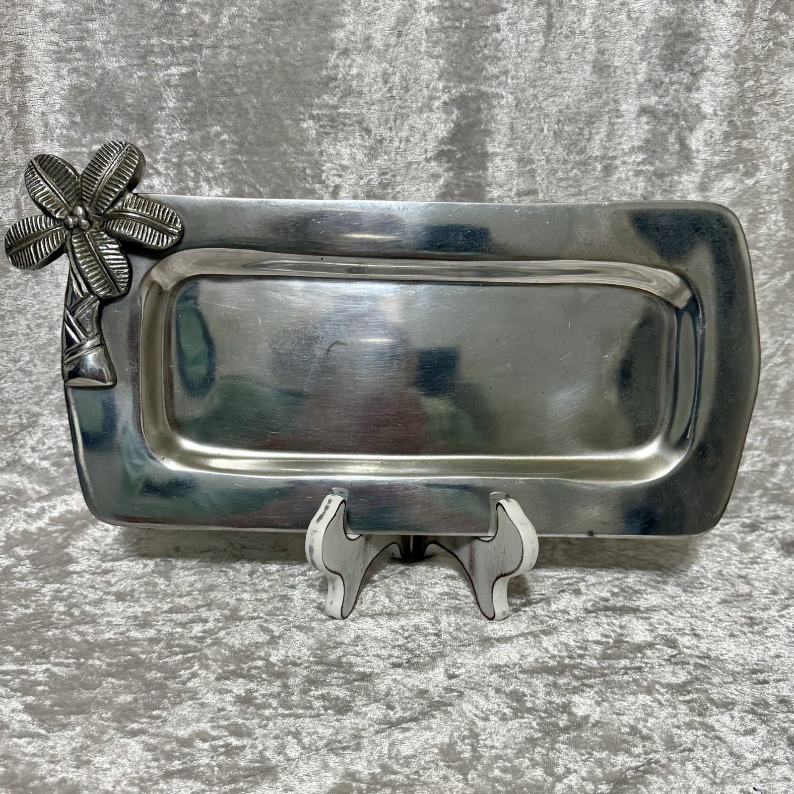IHI India Polished Aluminum Silver Tray With Palm Tree 13” Long 6 1/2” Wide