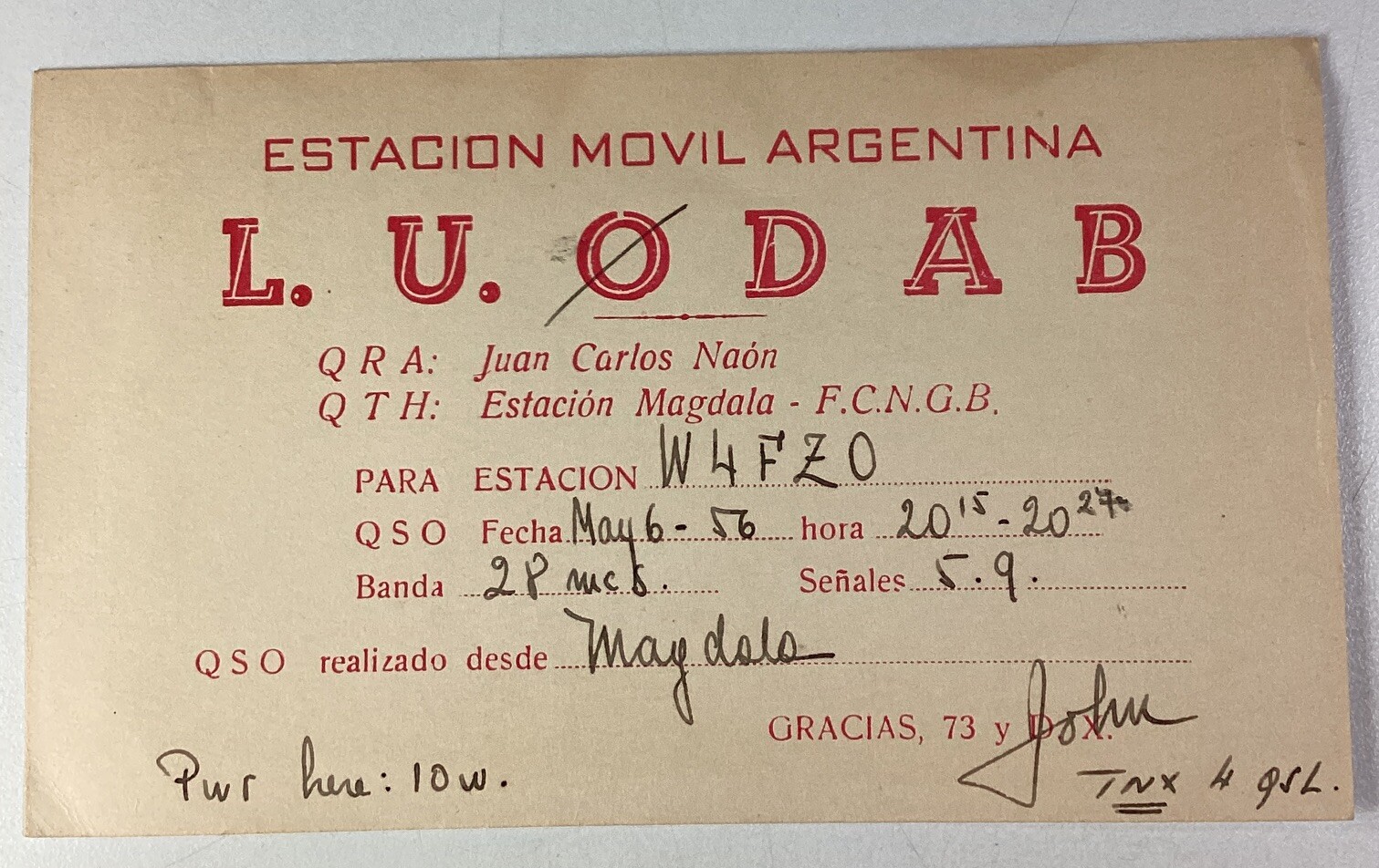 Argentina 1956 QSL Card Juan Carlos Naon Estacion Mandala