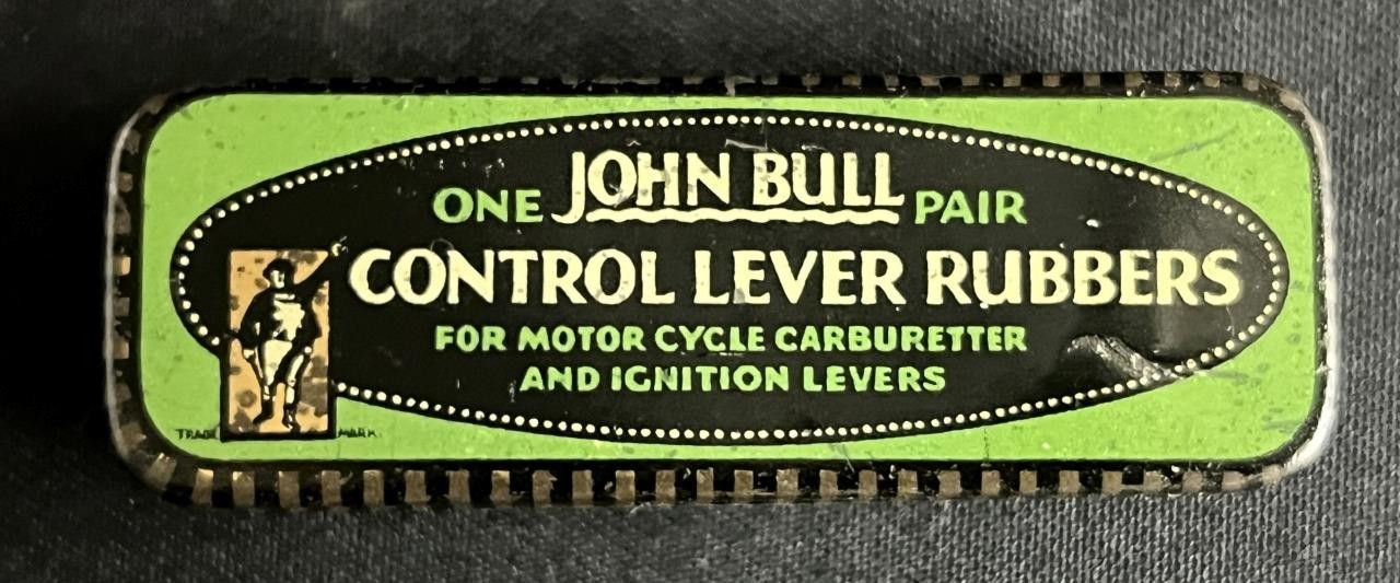 JOHN BULL VINTAGE PAIR IGNITION LEVER RUBBERS MOTORCYCLE CARBURETTER DISPLAY TIN