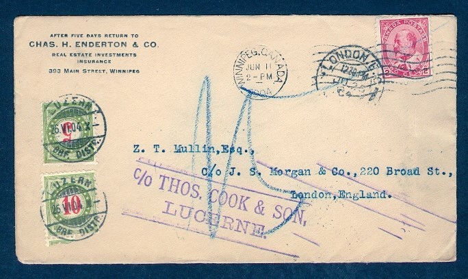 CANADA #90 WINNIPEG TO UK REROUTED THOS COOK & CO TO SWITZERLAND w/DUES