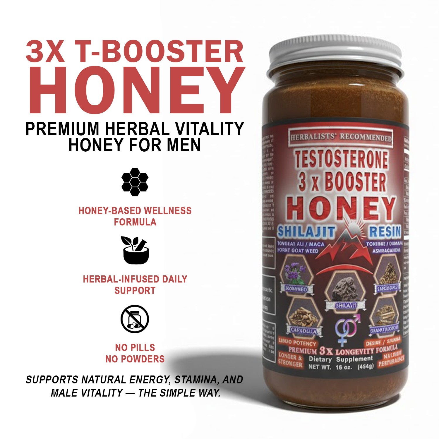 Men's Triple Strength Herbal Infused Honey | Natural Vitality Formula