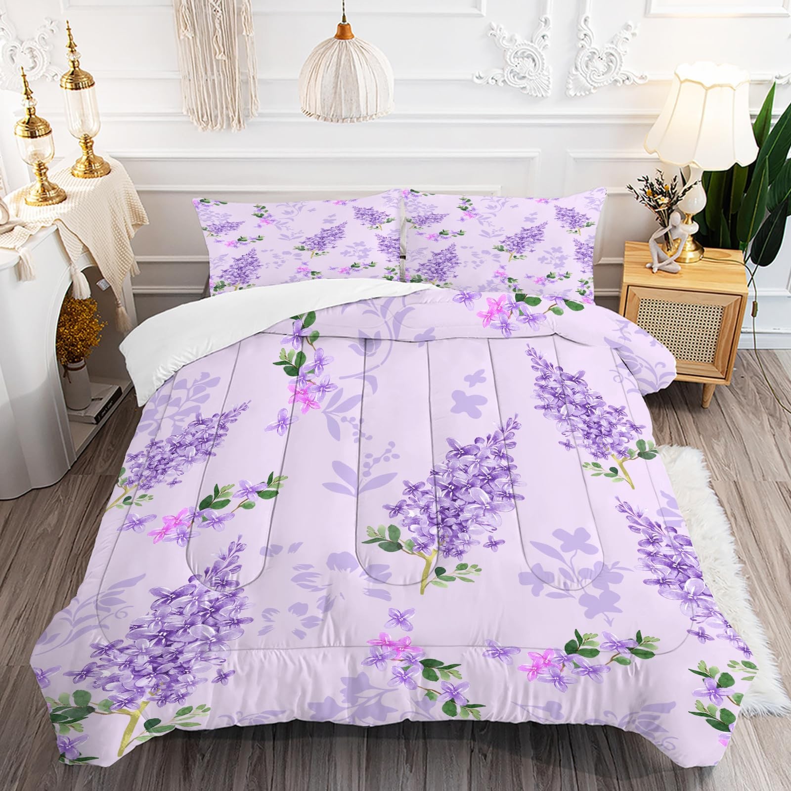 Purple Floral Comforter Set Queen: Lilac Flower Bedding for Women Girls Kids ...