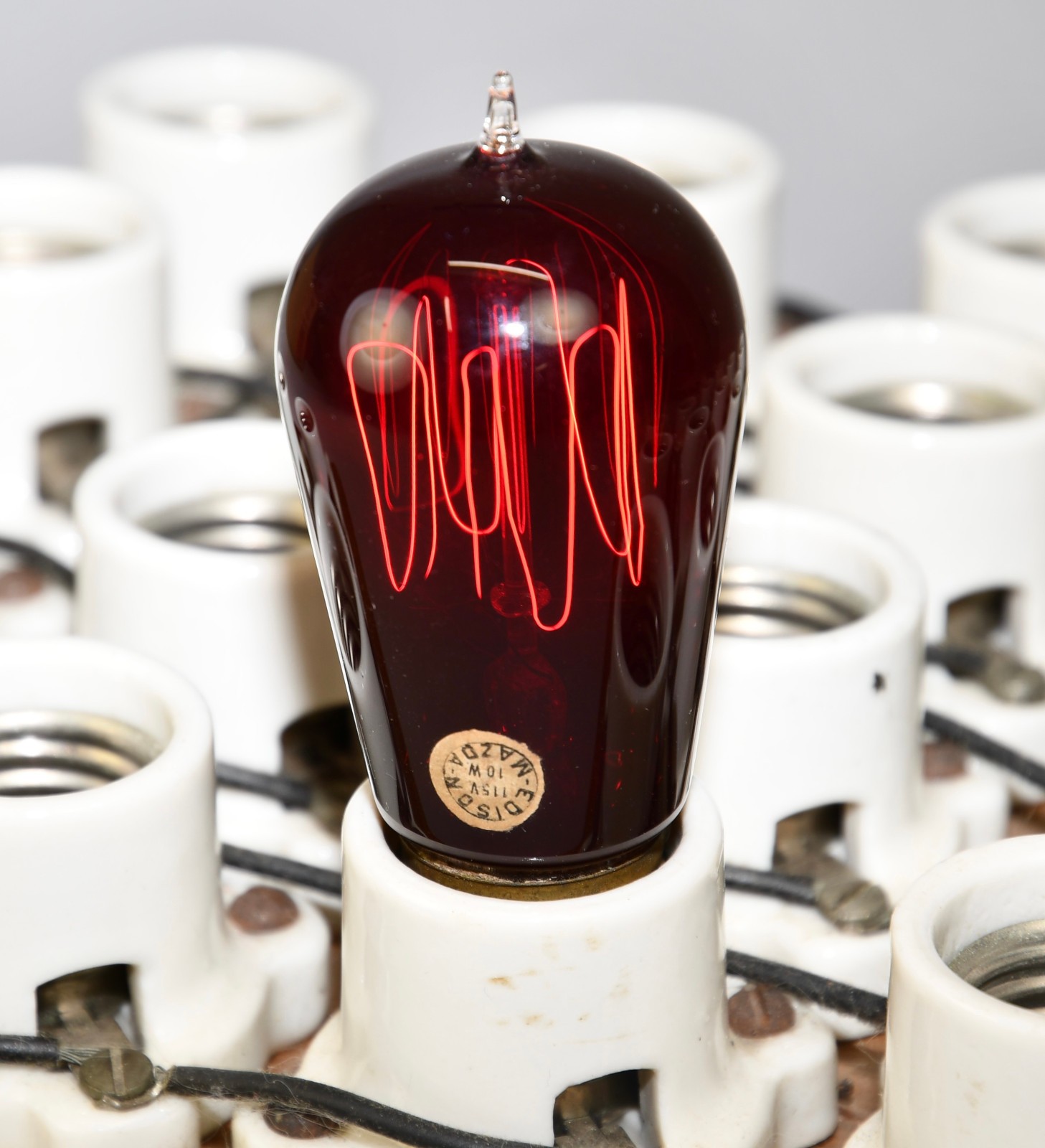 LOT OF 1 ANTIQUE MAZDA RED GLASS CARBON TIP MEDIUM BASE E26 WORKING LIGHT BULB!