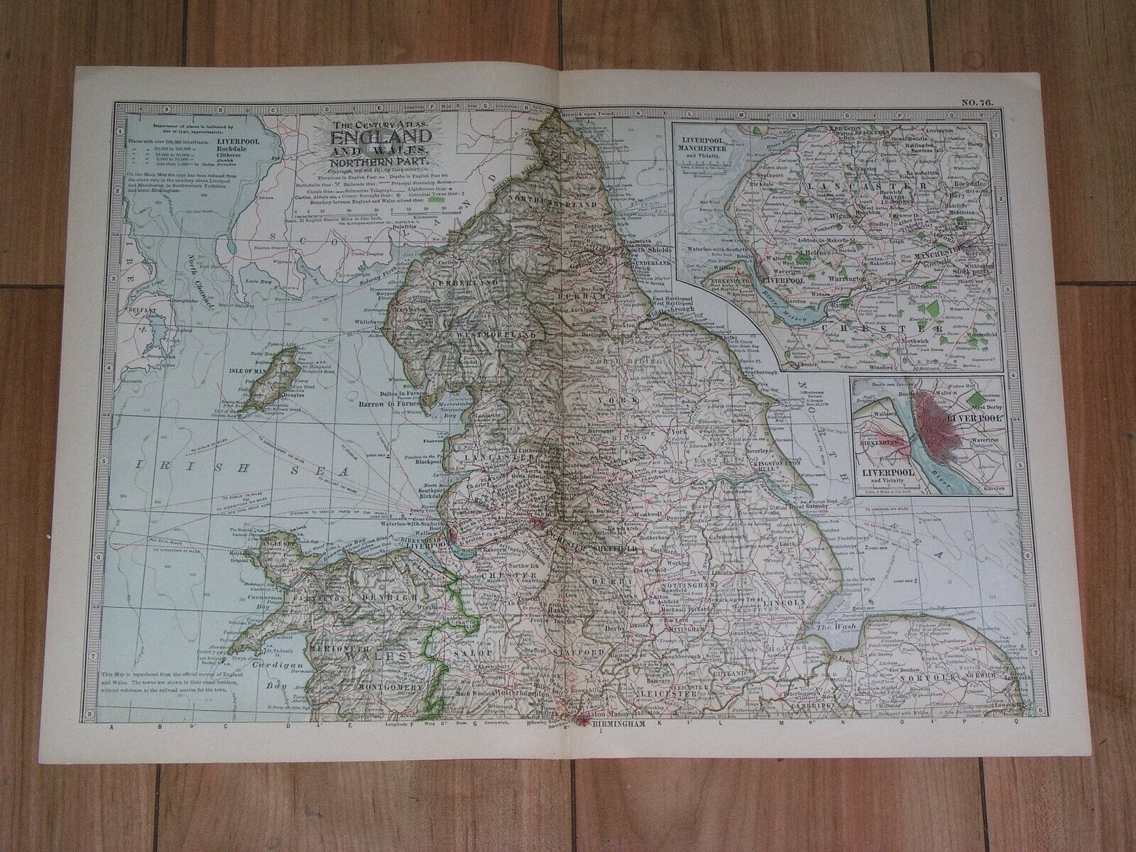 1911 ANTIQUE MAP NORTHERN ENGLAND LIVERPOOL YORK MANCHESTER DURHAM ISLE OF MAN