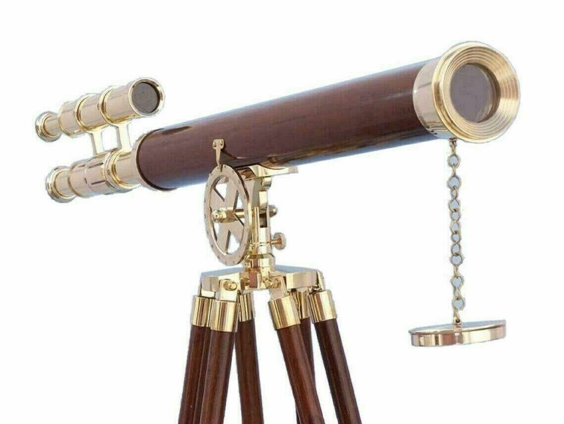 39" Antique Nautical Floor Standing Brass Telescope With Wooden Tripod Stand