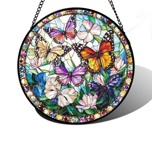 Stained Glass Window Hanging, Colorful Butterfly 9.8x9.8 IN Butterfly Color