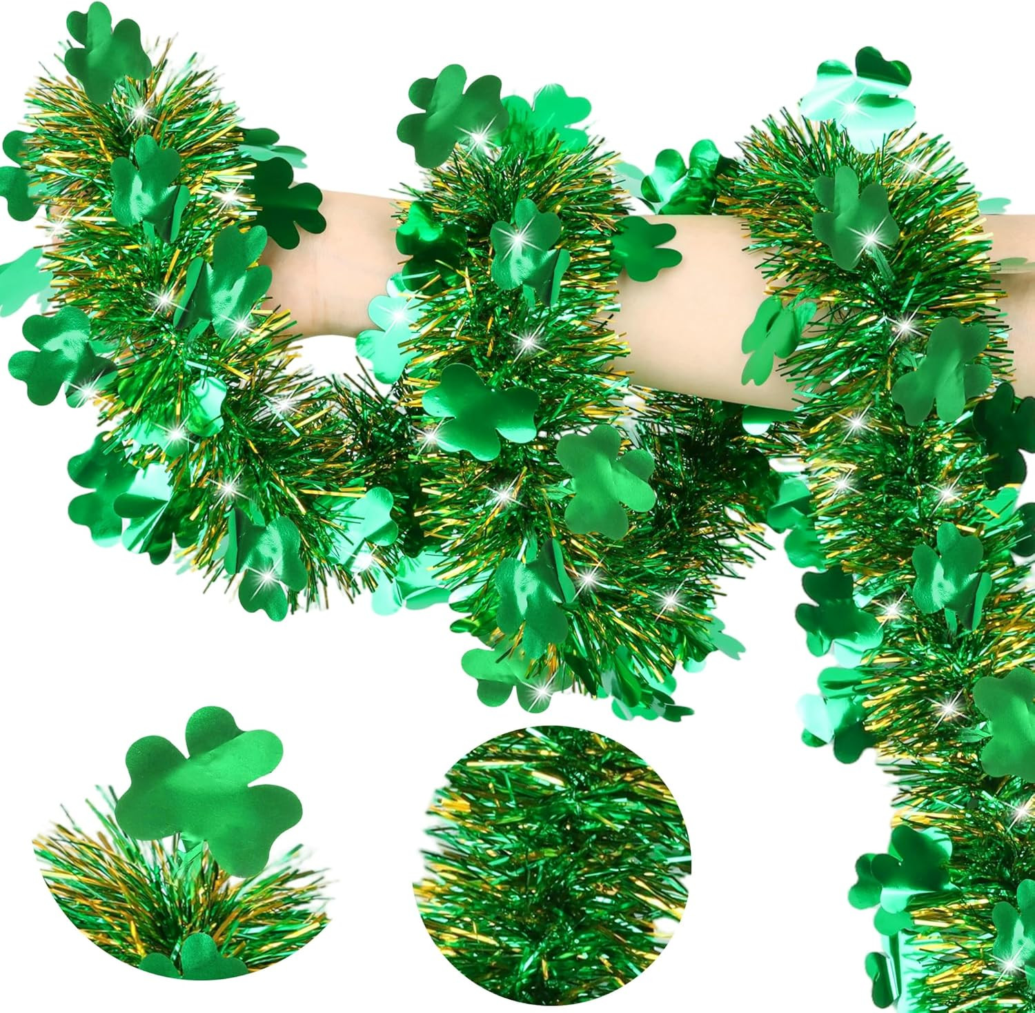 50 FT St Patricks Day Garland Decor Green Shamrock Tinsel Garland Shiny Metallic