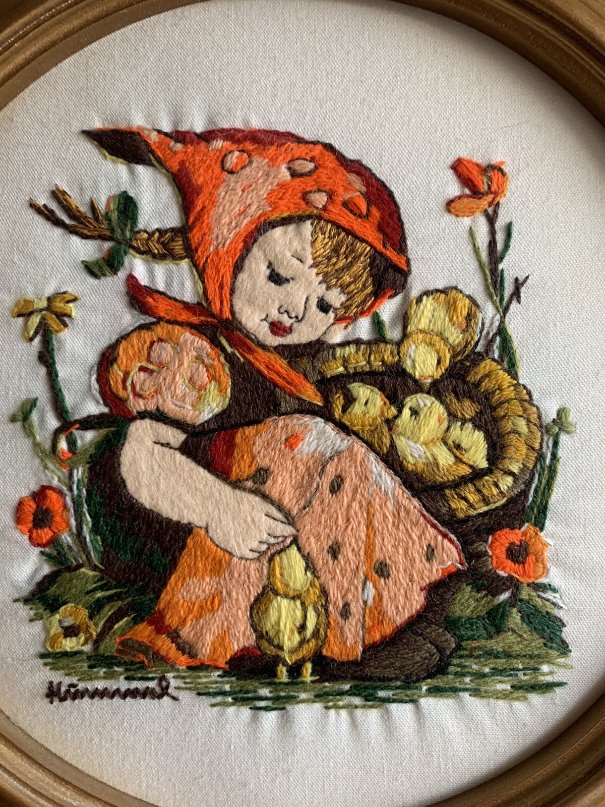 Framed Cross-stitch Cottage Core Hummel Large 12.5" Nursey Child Flower Nature