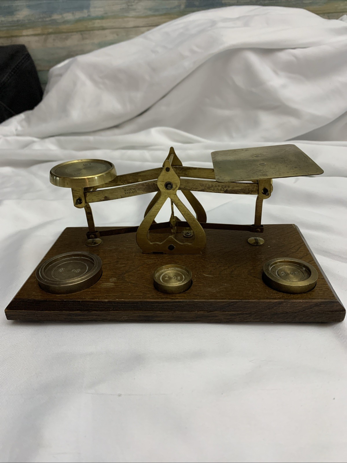 Vintage Portable Mid Century Brass & Wood Balance Beam Postal Scale W/ Weights
