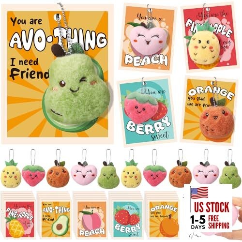 Engrowtic 25 Pack Valentine's Day Gifts Fruits Plush Keychains with Valentine 