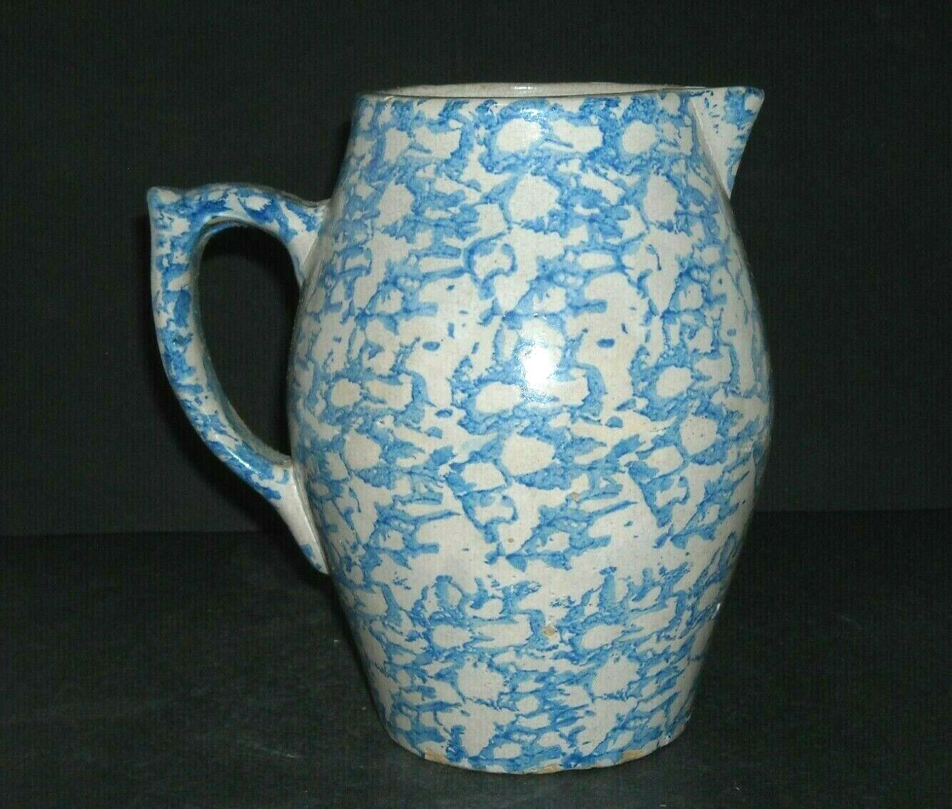 Antique (1860 - 1885) Blue & White 7 1/2" Ovoid Spongeware Pitcher - Stoneware