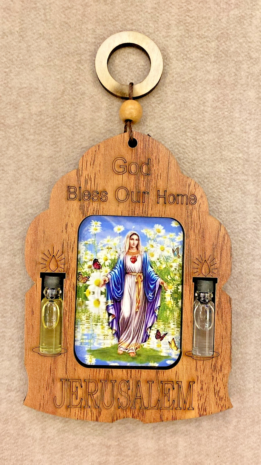 Virgin Mary Wooden Icon from Jerusalem–Holy Water & Oil Christian Blessing Decor