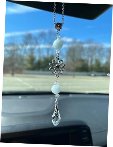 Flower Rear View Mirror Car Charms,Crystal Boho Car Mirror Blue Aquamarine