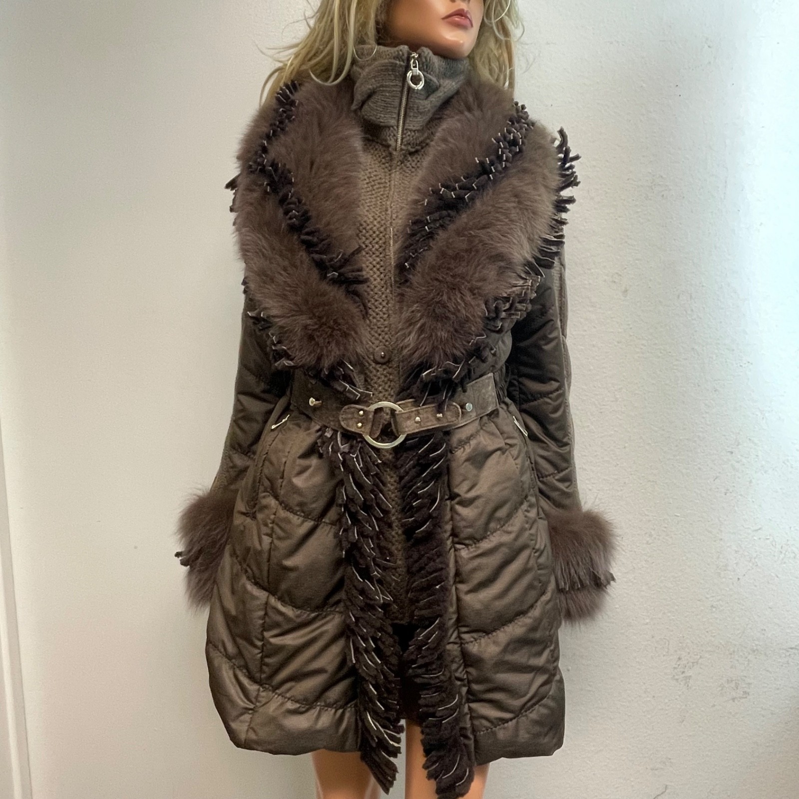 $2,200 CALZAIUOLI Leather Jacket with Fox, Rabbit Fur & Shearling Sz 44 US 10
