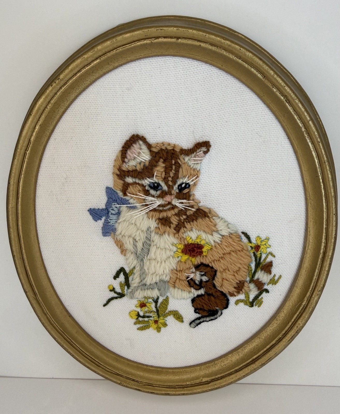 Vtg Kitschy Fluffy Orange Tabby Cat Framed Crewel Embroidery Art 70’s