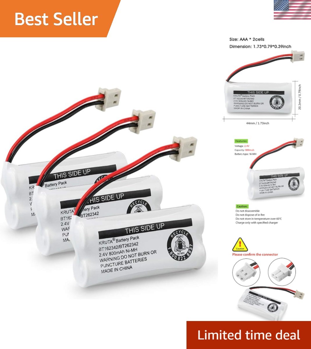 Pack of 3 Rechargeable 2.4V 800mAh Cordless Phone Batteries for VTech & AT&T