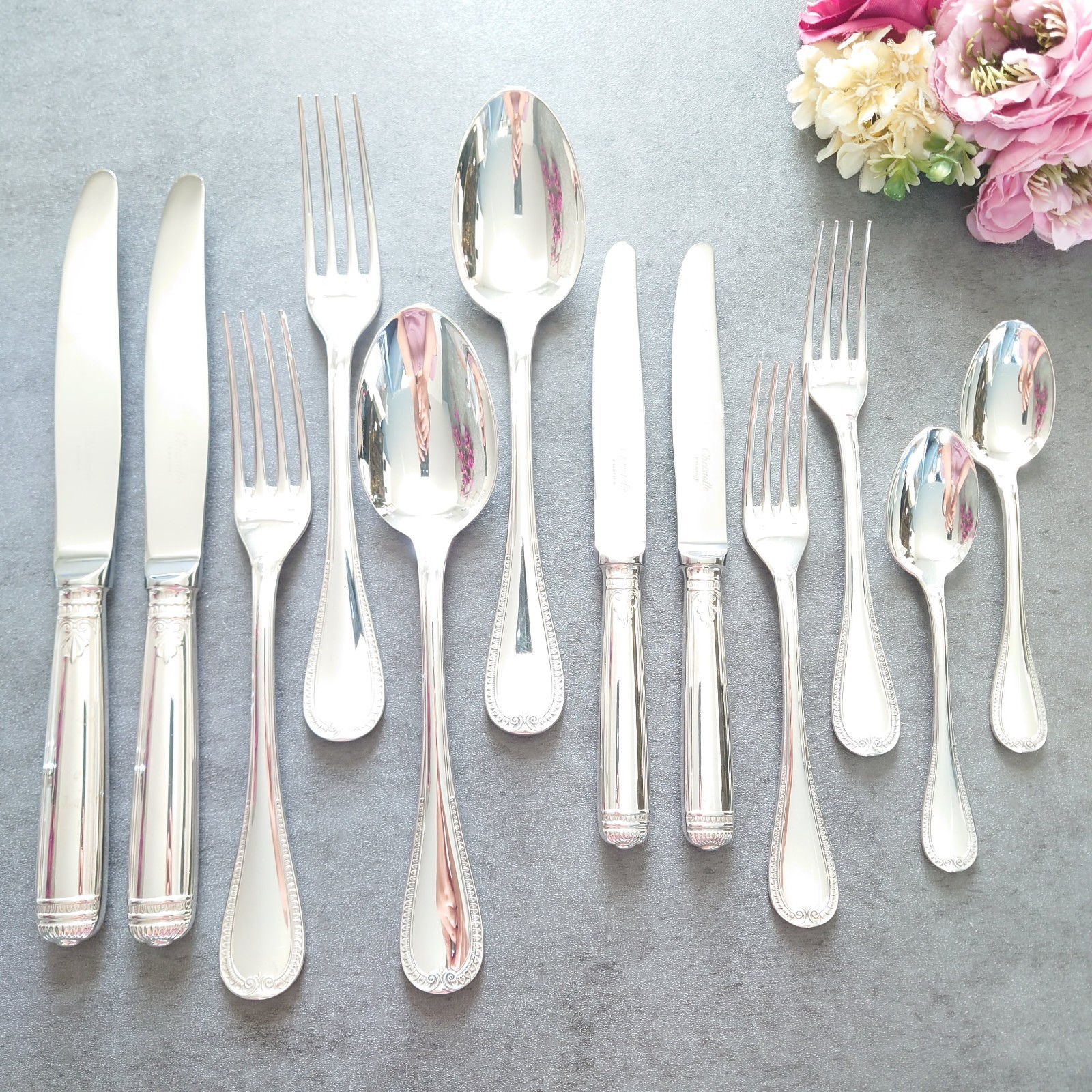 Christofle Malmaison 12pcs SilverplateTable Dessert Knife Fork Spoon Excellent